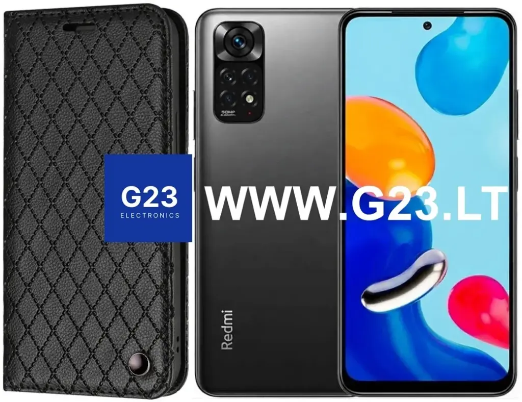 Juodas Dalton dėklas knygelė Xiaomi Redmi Note 11 – katalogo nuotrauka, uždaryta knygelė šalia telefono