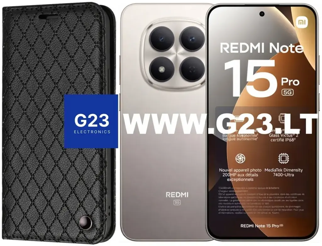 Juodas Dalton dėklas knygelė Xiaomi Redmi Note 15 Pro 5G – katalogo nuotrauka, uždaryta knygelė šalia telefono