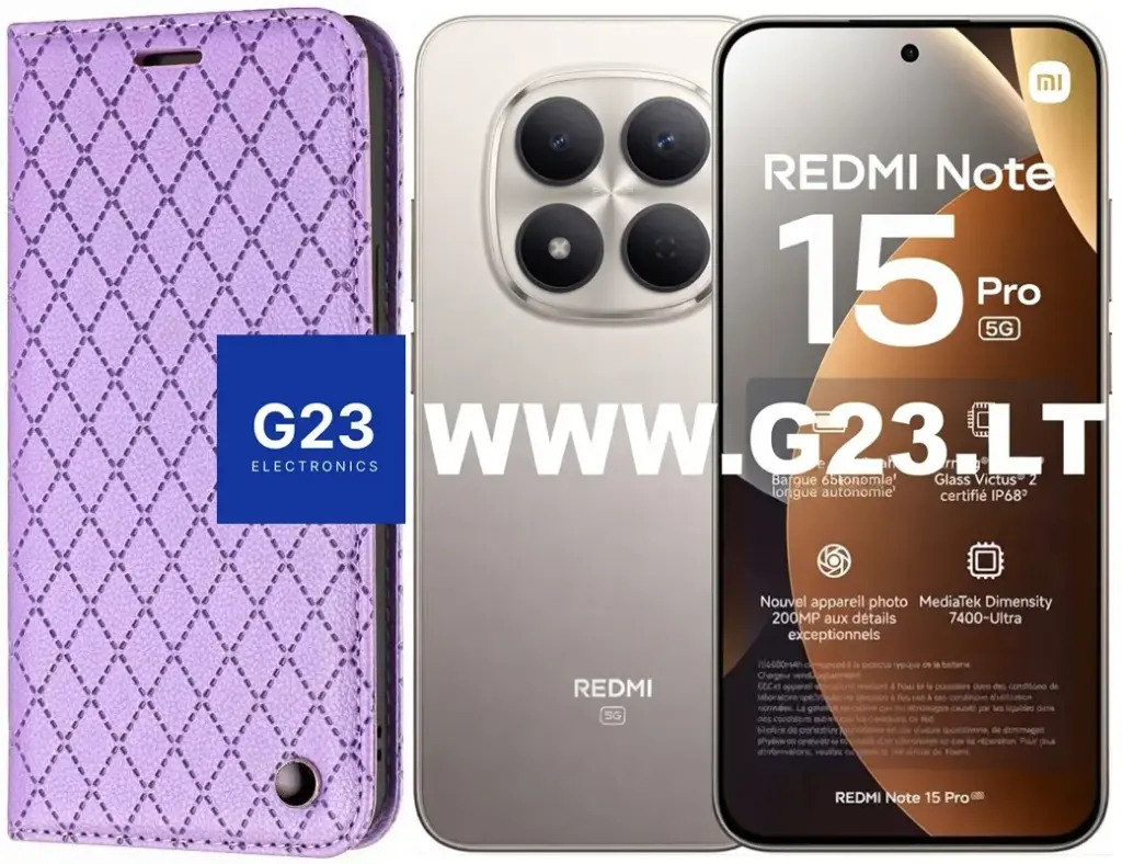 Levandų violetinis Dalton dėklas knygelė Xiaomi Redmi Note 15 Pro 5G – katalogo nuotrauka, uždaryta knygelė šalia telefono
