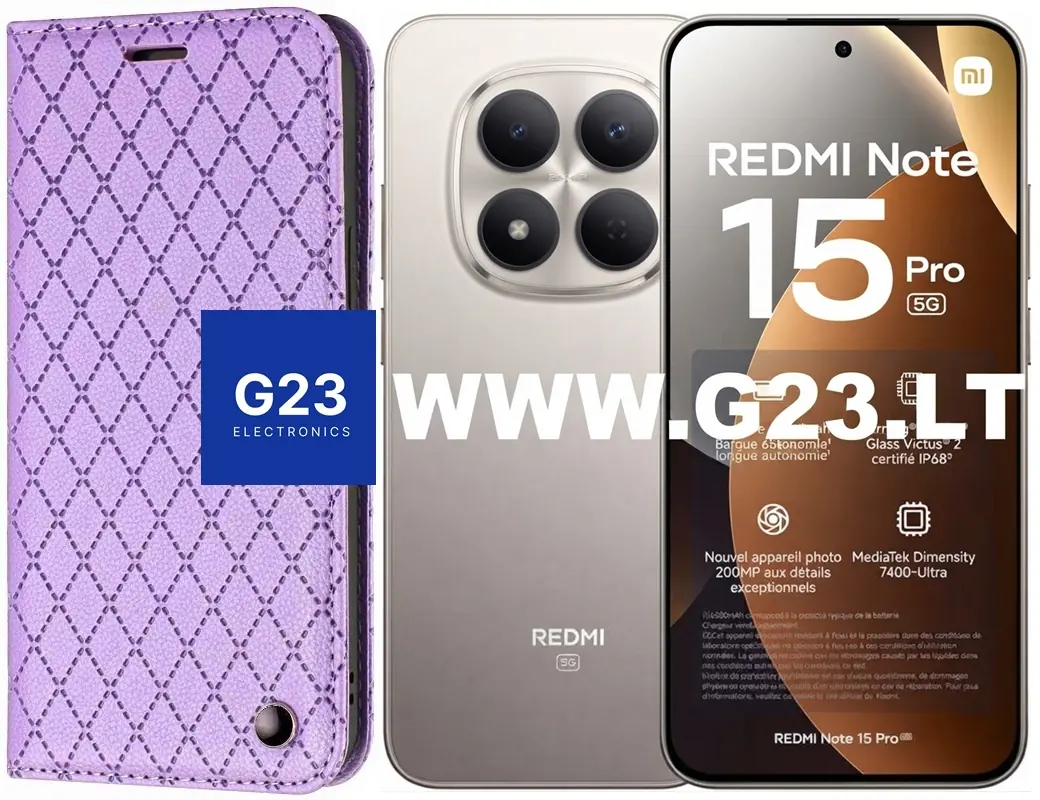 Dalton magnetinis dėklas knygelė Xiaomi Redmi Note 15 Pro 5G – levandų violetinės spalvos 1 Levandų violetinis Dalton dėklas knygelė Xiaomi Redmi Note 15 Pro 5G – katalogo nuotrauka, uždaryta knygelė šalia telefono