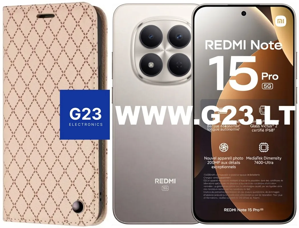 Dalton magnetinis dėklas knygelė Xiaomi Redmi Note 15 Pro 5G – smėlio spalvos 1 Smėlio spalvos Dalton dėklas knygelė Xiaomi Redmi Note 15 Pro 5G – katalogo nuotrauka, uždaryta knygelė šalia telefono
