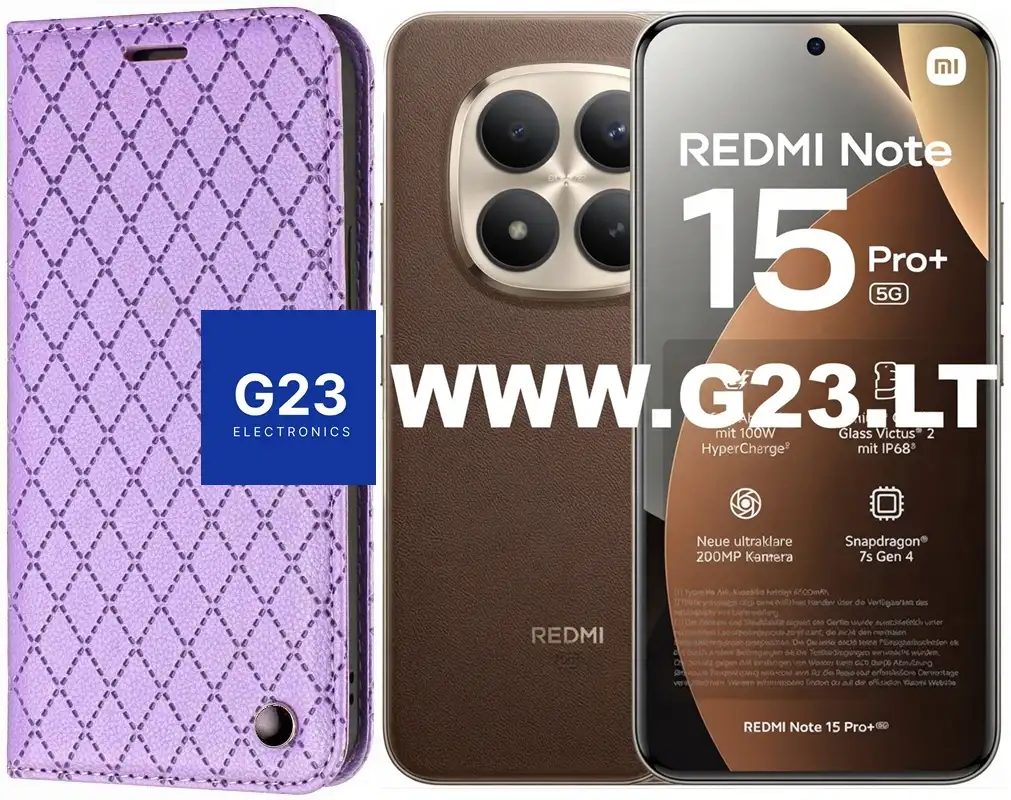 Levandų violetinės spalvos Dalton dėklas knygelė Xiaomi Redmi Note 15 Pro Plus 5G, Xiaomi Poco M8 Pro 5G – katalogo nuotrauka, uždaryta knygelė šalia telefono