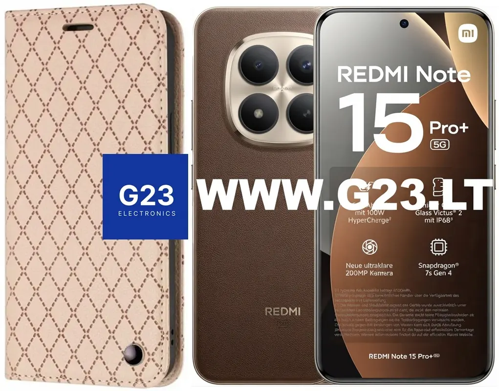 Smėlio spalvos Dalton dėklas knygelė Xiaomi Redmi Note 15 Pro Plus 5G, Xiaomi Poco M8 Pro 5G – katalogo nuotrauka, uždaryta knygelė šalia telefono
