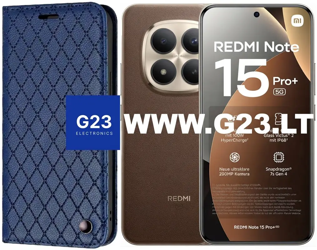 Tamsiai mėlynos spalvos Dalton dėklas knygelė Xiaomi Redmi Note 15 Pro Plus 5G, Xiaomi Poco M8 Pro 5G – katalogo nuotrauka, uždaryta knygelė šalia telefono