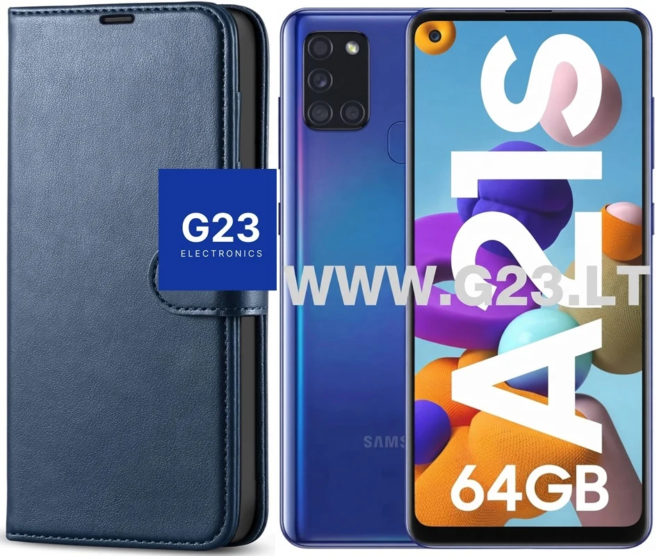 Diary Mate dėklas-knygutė Samsung Galaxy A21s telefonui tamsiai mėlynos spalvos su telefonu
