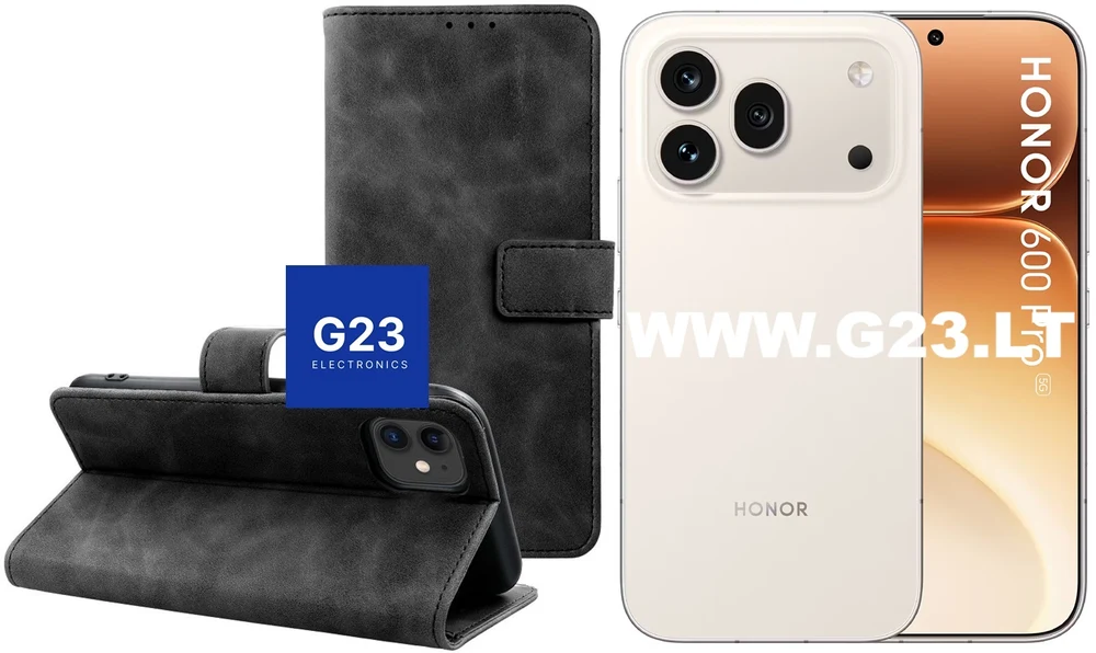 Diary-S veliūrinis dėklas-knygutė Honor 600, Honor 600 Pro telefonams juodos spalvos su telefonu