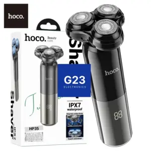 Juoda elektrinė barzdaskutė Hoco HP35 Induction šalia originalios pakuotės