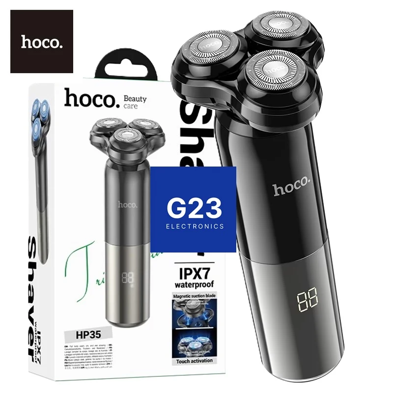 Juoda elektrinė barzdaskutė Hoco HP35 Induction šalia originalios pakuotės