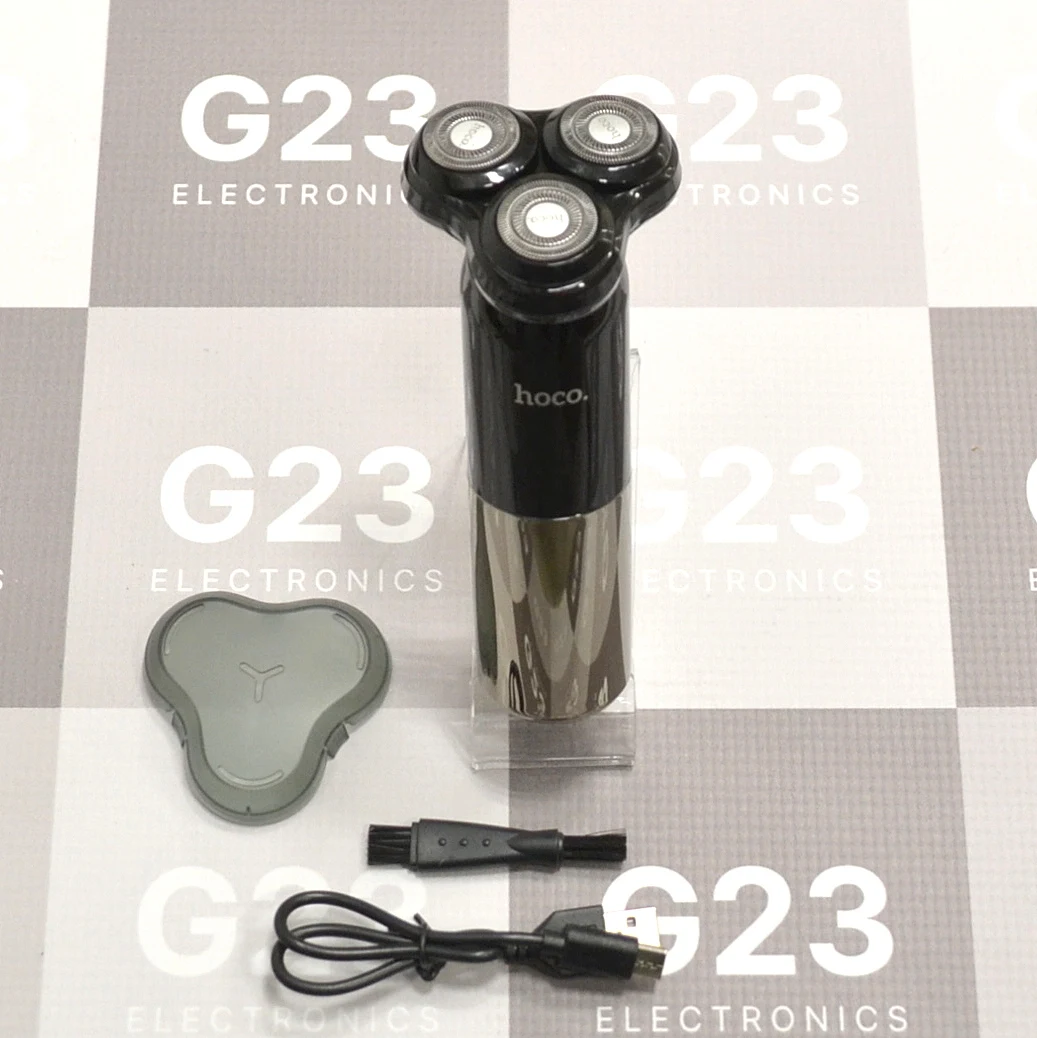 Elektrinė rotacinė barzdaskutė Hoco HP35 Induction su 3 magnetinėmis galvutėmis, LED ekranu ir IPX7 juodos spalvos 8 Juoda elektrinė barzdaskutė Hoco HP35 su apsauginiu dangteliu, šepetėliu ir įkrovimo laidu