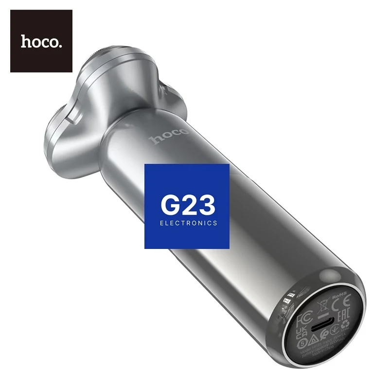 Elektrinė rotacinė barzdaskutė Hoco HP35 Induction su 3 magnetinėmis galvutėmis, LED ekranu ir IPX7 pilkos spalvos 4 USB-C įkrovimo lizdas pilkos elektrinės barzdaskutės Hoco HP35 apačioje