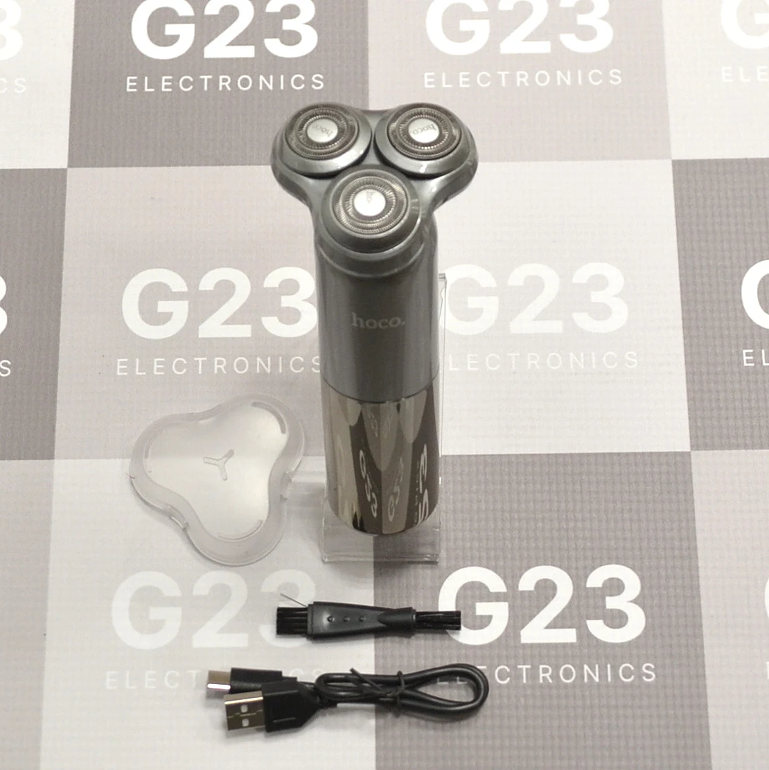 Elektrinė rotacinė barzdaskutė Hoco HP35 Induction su 3 magnetinėmis galvutėmis, LED ekranu ir IPX7 pilkos spalvos 2 Pilka elektrinė barzdaskutė Hoco HP35 su apsauginiu dangteliu, šepetėliu ir įkrovimo laidu