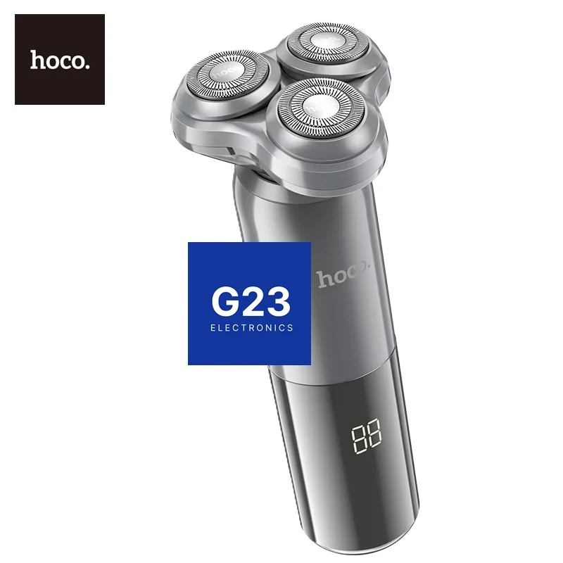 Elektrinė rotacinė barzdaskutė Hoco HP35 Induction su 3 magnetinėmis galvutėmis, LED ekranu ir IPX7 pilkos spalvos 3 Pilkos elektrinės barzdaskutės Hoco HP35 korpusas su LED skaitmeniniu ekranu
