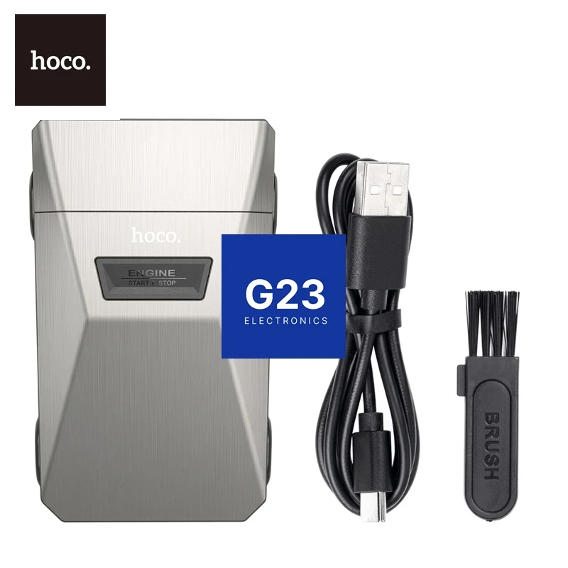 Elektrinis skustuvas Hoco HP31 su dviem peiliukais, kelionių užraktu ir IPX7 apsauga sidabrinės spalvos 5 Sidabrinis skustuvo Hoco HP31 korpusas su USB-C laidu ir valymo šepetėliu