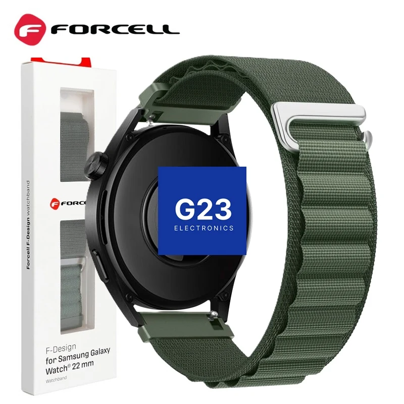 Medžiaginis dirželis Forcell F-Design FS05 tamsiai žalios spalvos Samsung Galaxy Watch 22 mm laikrodžiui su pakuote