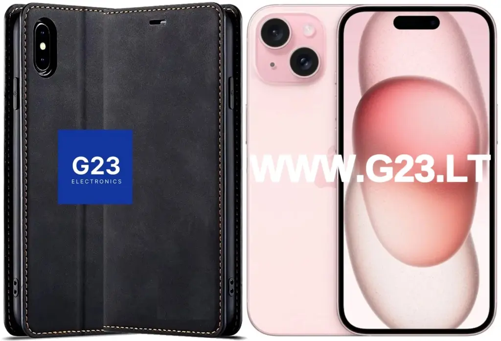 Galant magnetinis dėklas knygelė Apple iPhone 15 juodos spalvos – dėklas ir telefonas šalia