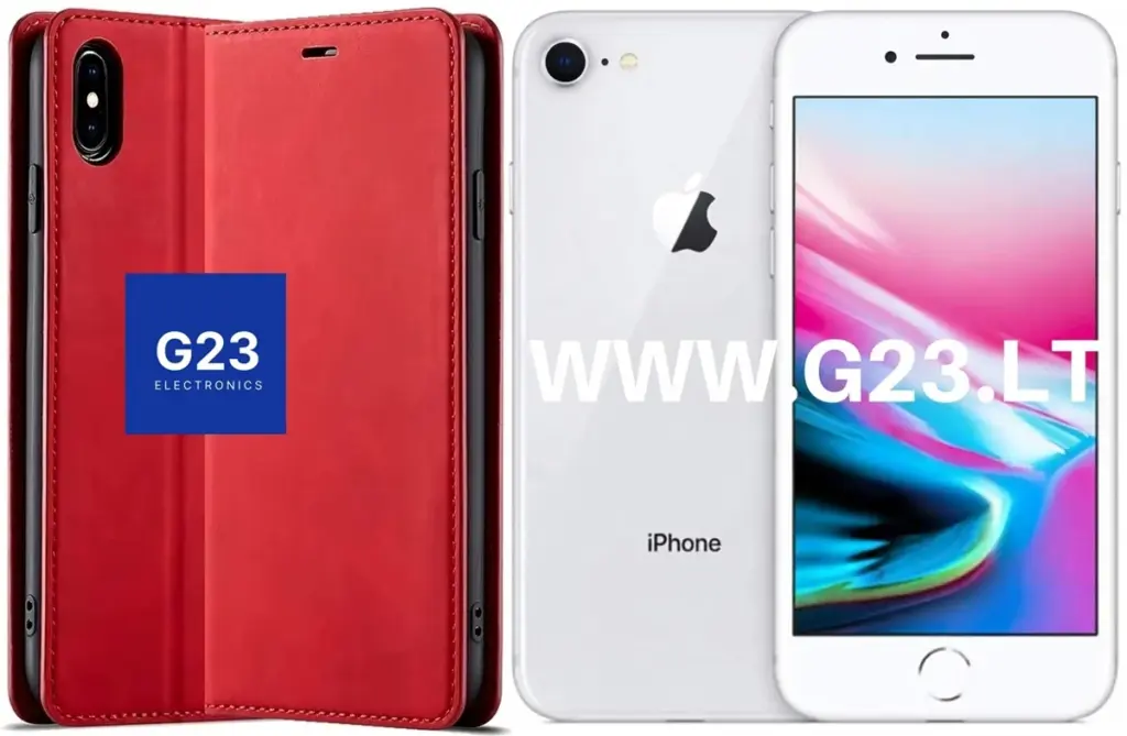 Galant magnetinis dėklas knygelė Apple iPhone 7 8 SE raudonos spalvos – dėklo ir telefono koliažas