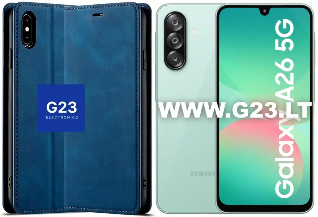 Galant magnetinis dėklas knygelė Samsung Galaxy A26 mėlynos spalvos – dėklas ir telefonas šalia