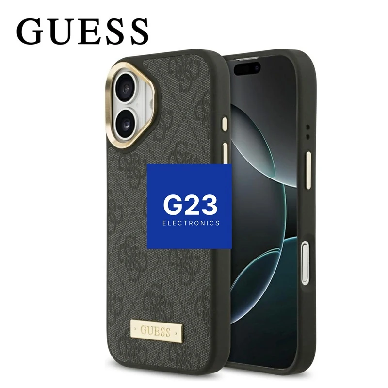 Dėklas nugarėlė GUESS GUHMP17SU4GPRK su MagSafe – Apple iPhone 17 7 Guess 4G Logo Plate MagSafe dėklas su Apple iPhone 17 – vaizdas iš priekio ir nugarėlės