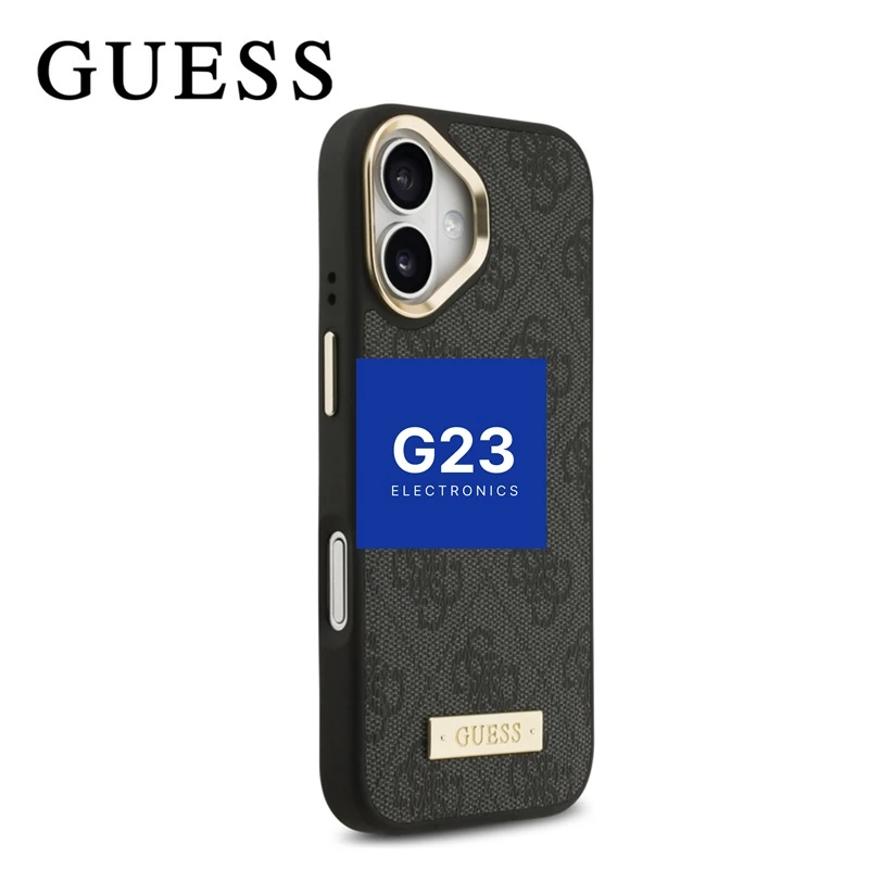 Dėklas nugarėlė GUESS GUHMP17SU4GPRK su MagSafe – Apple iPhone 17 9 Guess 4G Logo Plate dėklas iPhone 17 telefonui – aukso spalvos kameros bloko rėmelis iš kampo