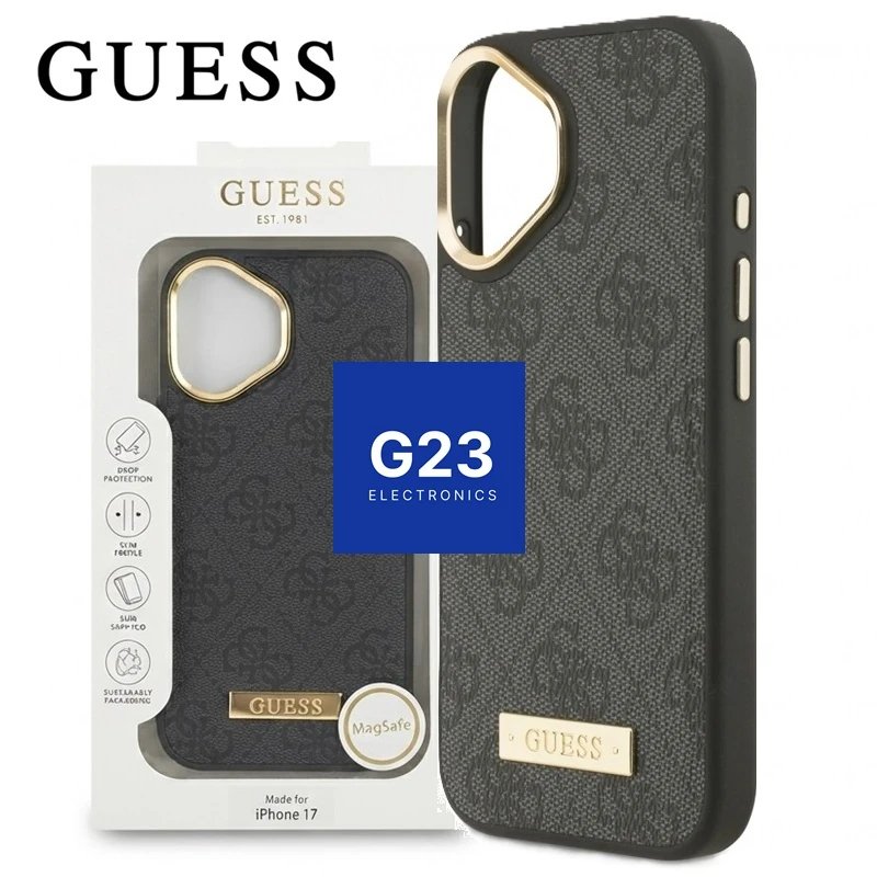 Dėklas nugarėlė GUESS GUHMP17SU4GPRK su MagSafe – Apple iPhone 17 1 Guess 4G Logo Plate MagSafe dėklas Apple iPhone 17 telefonui – pakuotė ir juodos spalvos nugarėlė