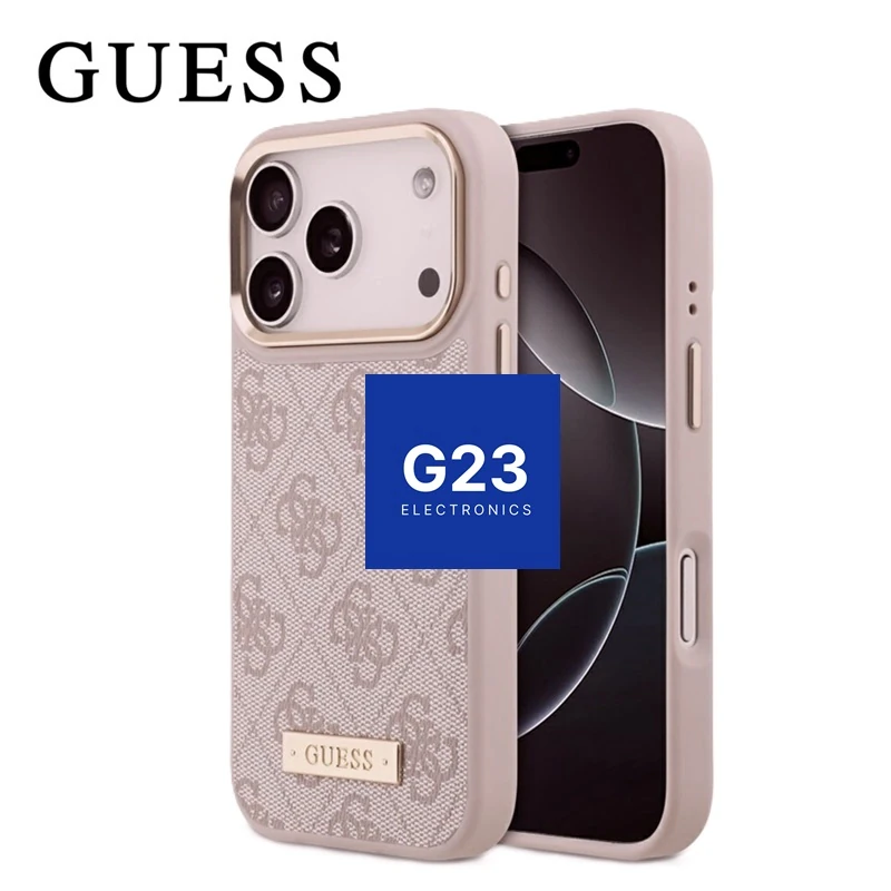 Dėklas nugarėlė GUESS GUHMP17LU4GPRP su MagSafe – Apple iPhone 17 Pro / 18 Pro 7 Guess 4G Logo Plate MagSafe dėklas su įdėtu telefonu, nugarėlė ir priekis – Apple iPhone 17 Pro