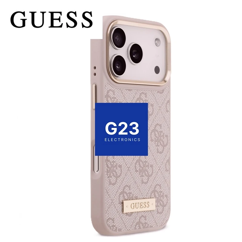 Dėklas nugarėlė GUESS GUHMP17LU4GPRP su MagSafe – Apple iPhone 17 Pro / 18 Pro 6 Guess 4G Logo Plate dėklas su aukso spalvos kameros rėmeliu iš kampo – Apple iPhone 17 Pro