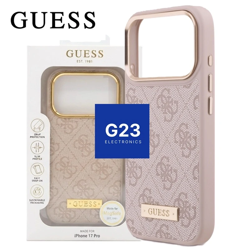 Dėklas nugarėlė GUESS GUHMP17LU4GPRP su MagSafe – Apple iPhone 17 Pro / 18 Pro 1 Guess 4G Logo Plate MagSafe rožinio smėlio spalvos dėklas ir originali pakuotė – Apple iPhone 17 Pro