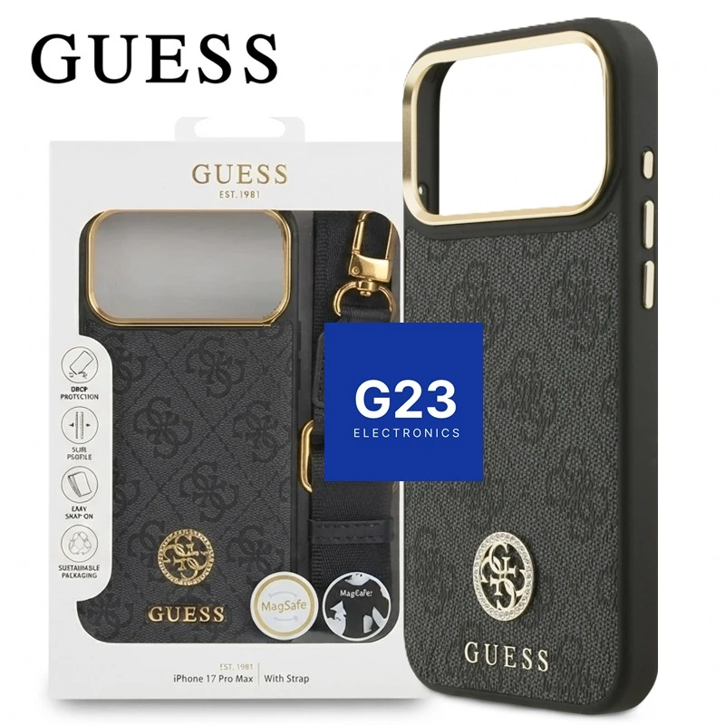 Guess 4G Strass Logo MagSafe dėklas su diržu ir originali pakuotė – Apple iPhone 17 Pro Max / 18 Pro Max