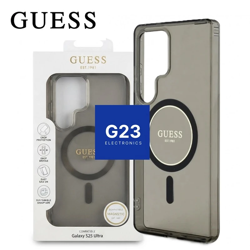Guess permatomas dėklas su MagSafe žiedu ir originali Guess pakuotė – Samsung Galaxy S25 Ultra