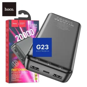 Hoco J100A 20000mAh išorinė baterija (Power Bank) juodos spalvos – pakuotė ir baterija