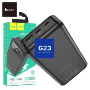 Hoco J102A 20000mAh išorinė baterija (Power Bank) juodos spalvos – pakuotė ir baterija