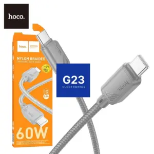 Hoco X113 Type-C laidas 1 metras 60W pilkos spalvos oranžinėje pakuotėje su užrašu Nylon Braided