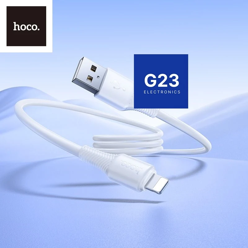 Apple Lightning laidas 1 metras 2.4A Hoco X120 baltos spalvos 7 Baltas Hoco X120 Lightning laidas 1 metras 2,4A, išlenktas ant mėlyno fono