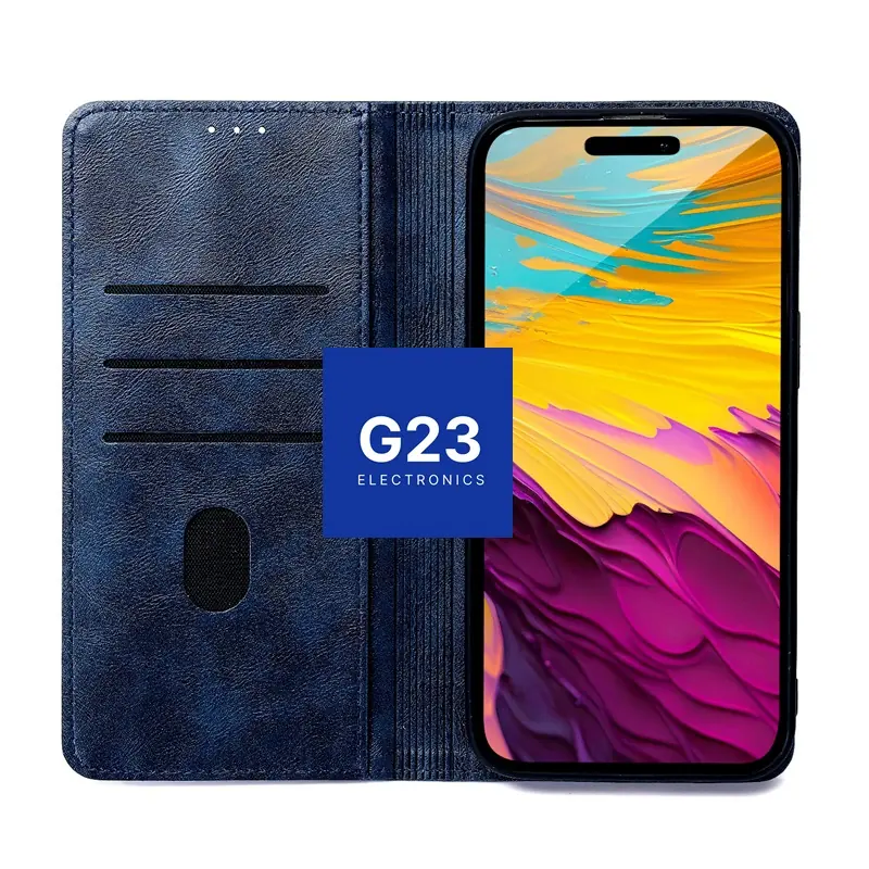 Karachi dėklas knygelė Samsung Galaxy A27 – tamsiai mėlynos spalvos 7 Atidarytas Karachi dėklas knygelė su telefonu Samsung Galaxy A27 ir G23 logotipu