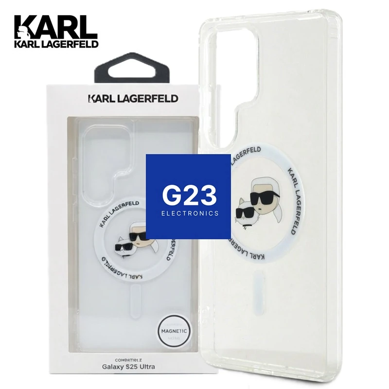 Karl Lagerfeld skaidrus dėklas su MagSafe žiedu ir originali pakuotė – Samsung Galaxy S25 Ultra