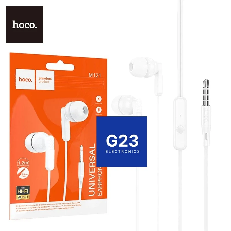 Laidinės ausinės Hoco M121 baltos spalvos firminėje pakuotėje su Universal Earphones ir Hi-Fi Audio žymomis