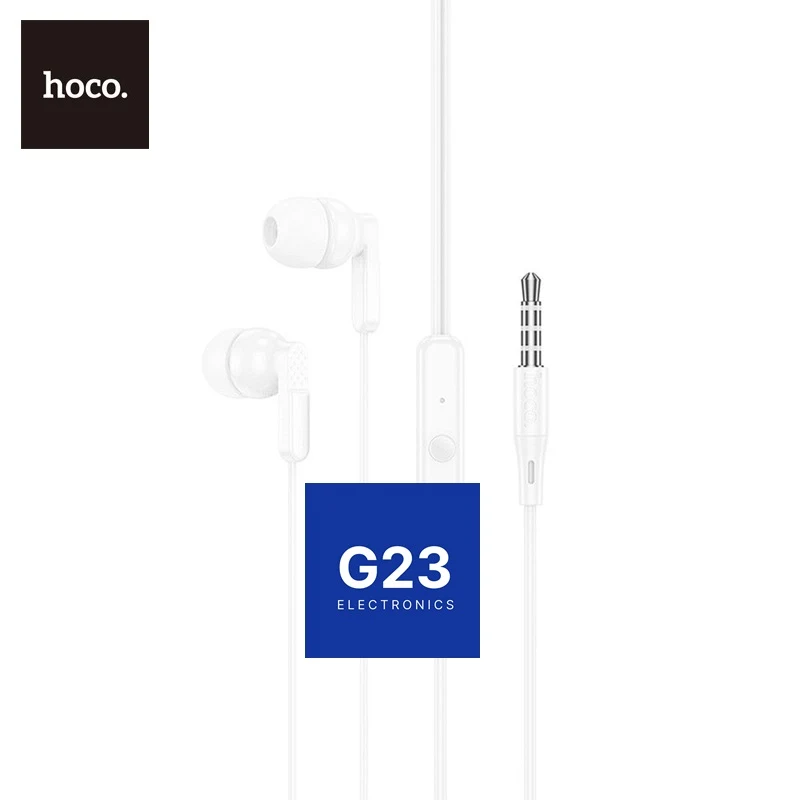 Laidinės ausinės Jack 3,5 mm Hoco M121 su mikrofonu baltos spalvos 6 Hoco M121 laidinės ausinės baltos spalvos – bendras ausinių su laidu ir pulteliu vaizdas