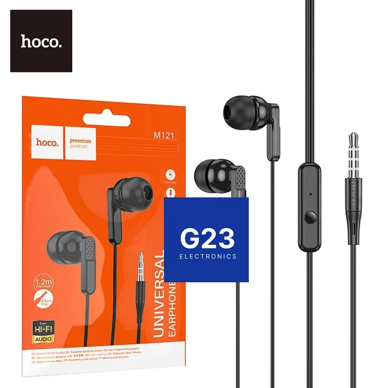 Laidinės ausinės Hoco M121 juodos spalvos firminėje pakuotėje su Universal Earphones ir Hi-Fi Audio žymomis