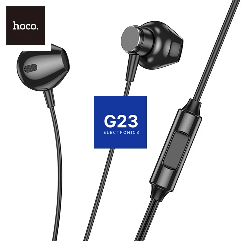 Laidinės ausinės Jack 3,5 mm Hoco M125 su plastikiniais antgaliais juodos spalvos 9 Hoco M125 juodos ausinės – pultelis su mikrofonu ir daugiafunkciu mygtuku iš arti