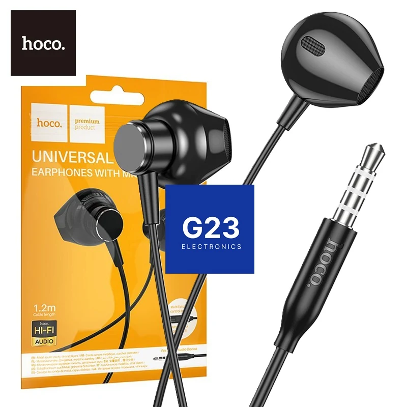 Laidinės ausinės Hoco M125 juodos spalvos firminėje pakuotėje su Universal Earphones ir Hi-Fi Audio žymomis
