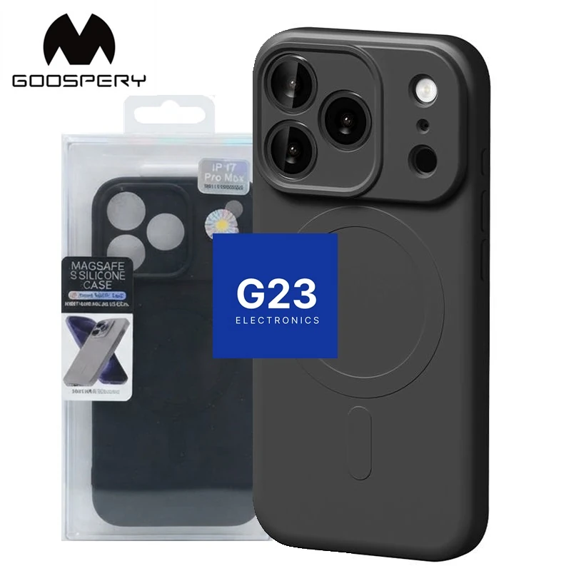 MagSafe Goospery dėklas iPhone 17 Pro juodos – dėklas originalioje Goospery pakuotėje, nugarėlės vaizdas