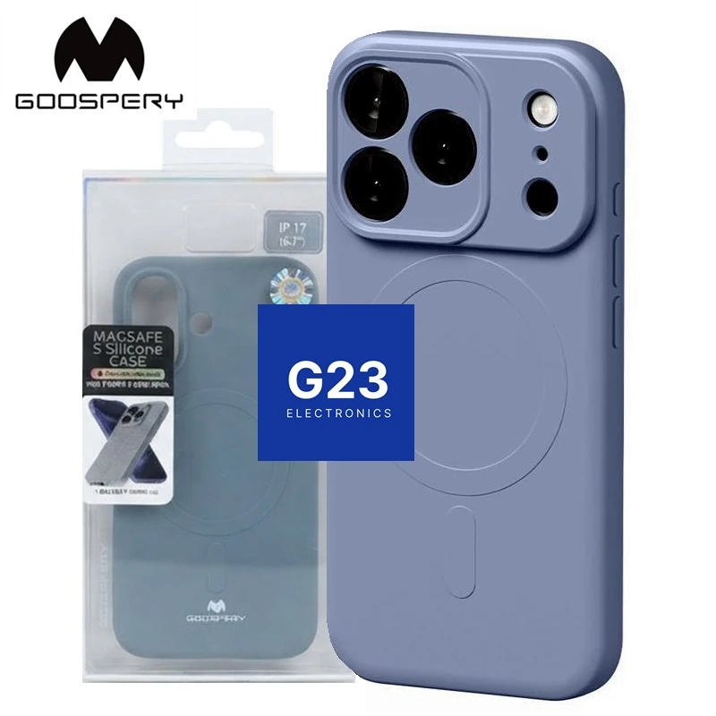 MagSafe Goospery dėklas iPhone 17 Pro pelenų mėlynos – dėklas originalioje Goospery pakuotėje, nugarėlės vaizdas