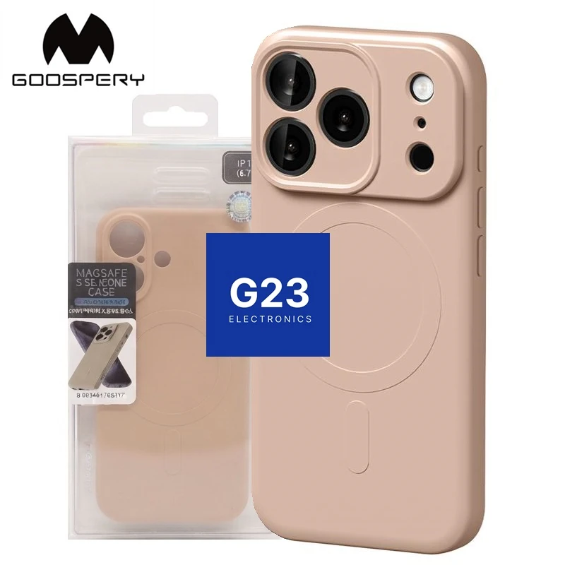 MagSafe Goospery dėklas iPhone 17 Pro rausvai smėlinės – dėklas originalioje Goospery pakuotėje, nugarėlės vaizdas