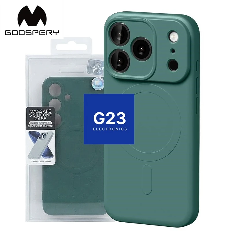MagSafe Goospery dėklas iPhone 17 Pro tamsiai žalios – dėklas originalioje Goospery pakuotėje, nugarėlės vaizdas