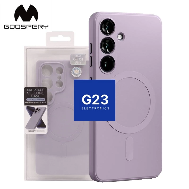 MagSafe Goospery dėklas Samsung Galaxy S26 gesintos alyvų spalvos pakuotėje, šalia matoma nugarėlė su MagSafe žiedu