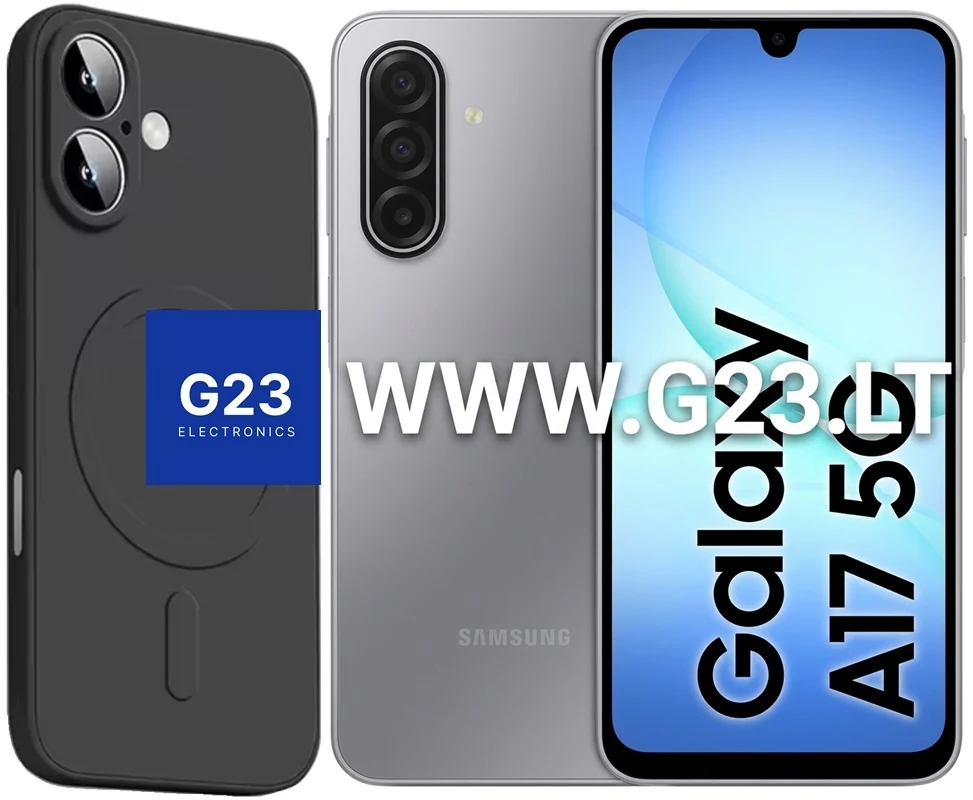 MagSafe Matte Plus dėklas Samsung Galaxy A17 juodos spalvos – nugarėlė su magnetų žiedu šalia telefono