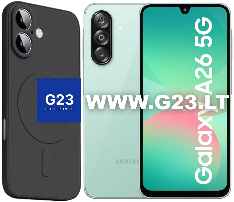 MagSafe Matte Plus dėklas Samsung Galaxy A26 juodos spalvos – nugarėlė su magnetų žiedu šalia telefono