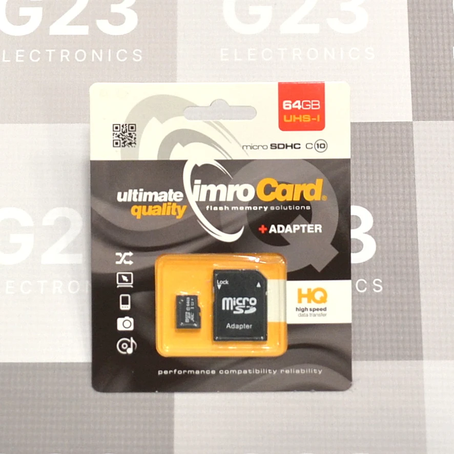 Atminties kortelė Micro SD 64GB 10 klasės su SD adapteriu IMRO 5 Atminties kortelė Micro SD 64GB IMRO UHS-I 10 klasės – pakuotė iš priekio
