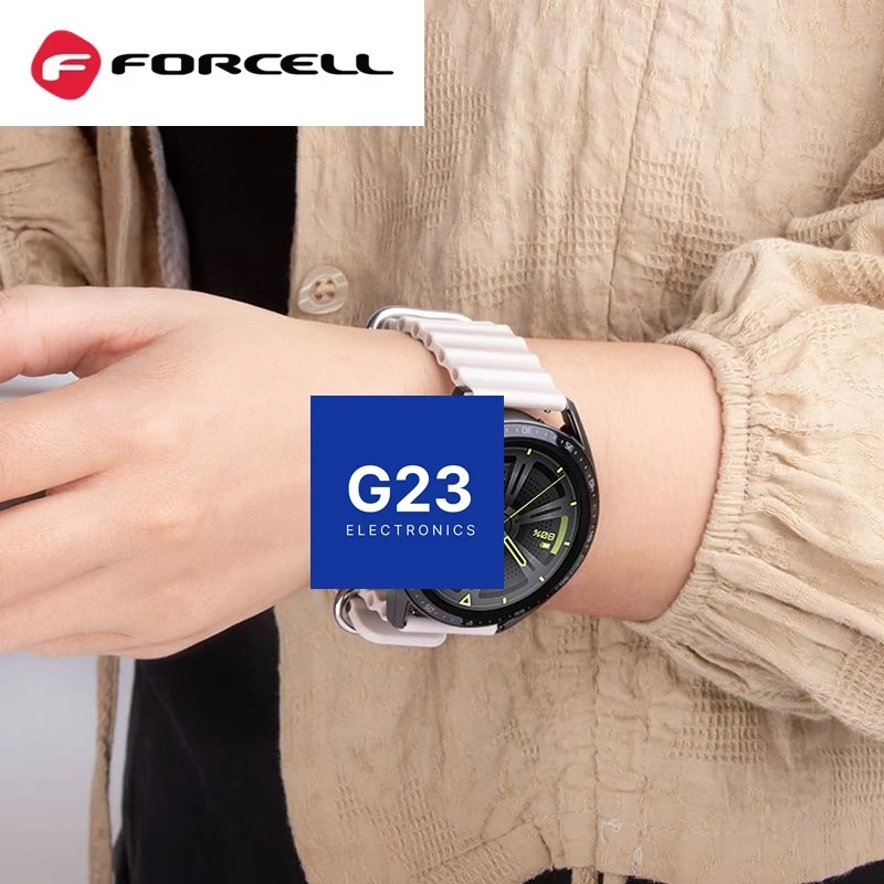Apyrankė dirželis 22mm silikoninis su skylutėmis Samsung Galaxy Watch laikrodžiui Forcell F-Design FS01 pilkos spalvos 11 Pilkas silikoninis dirželis Forcell FS01 ant riešo su Samsung Galaxy Watch