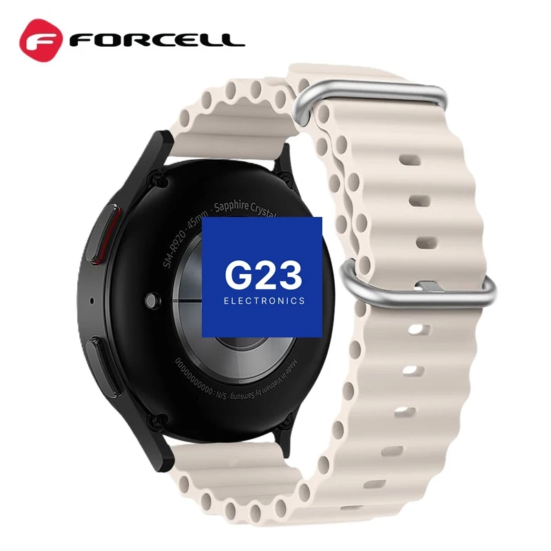 Apyrankė dirželis 22mm silikoninis su skylutėmis Samsung Galaxy Watch laikrodžiui Forcell F-Design FS01 pilkos spalvos 7 Laikrodžio nugarėlė su pilku silikoniniu dirželiu Forcell FS01 ir plienine sagtimi